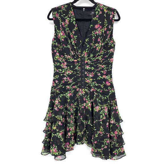 Jill Jill Stuart Dress Women's Sz 8 Floral Corset Ruffle Tiered Mini Black Pink - Picture 1 of 5